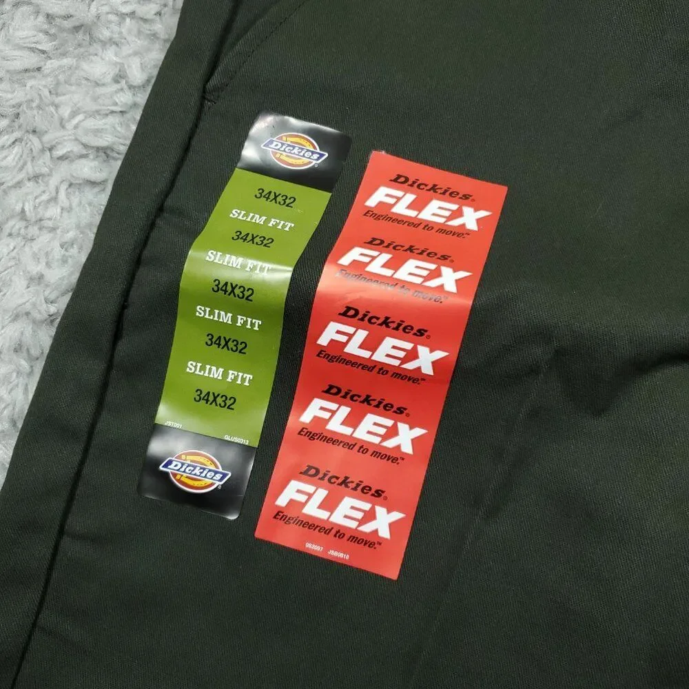 Dickies Slim Fit Tapered Twill Flex Green Work Pants Men's Size 34 x 32